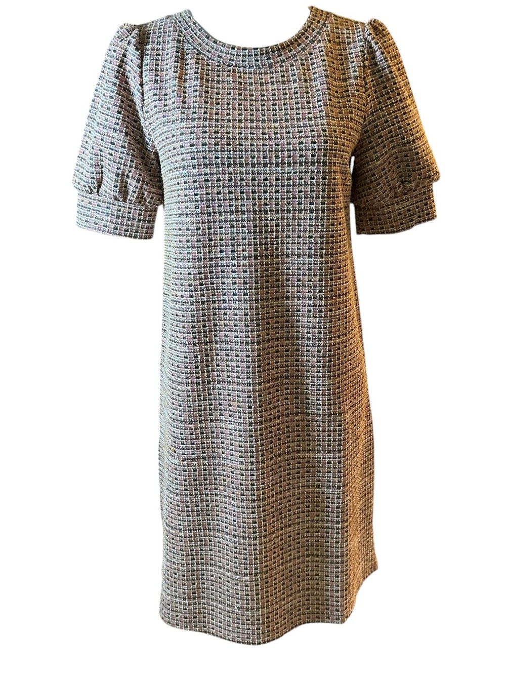 LOFT Beige and Black Tweed Midi Dress with Puff Sleeves